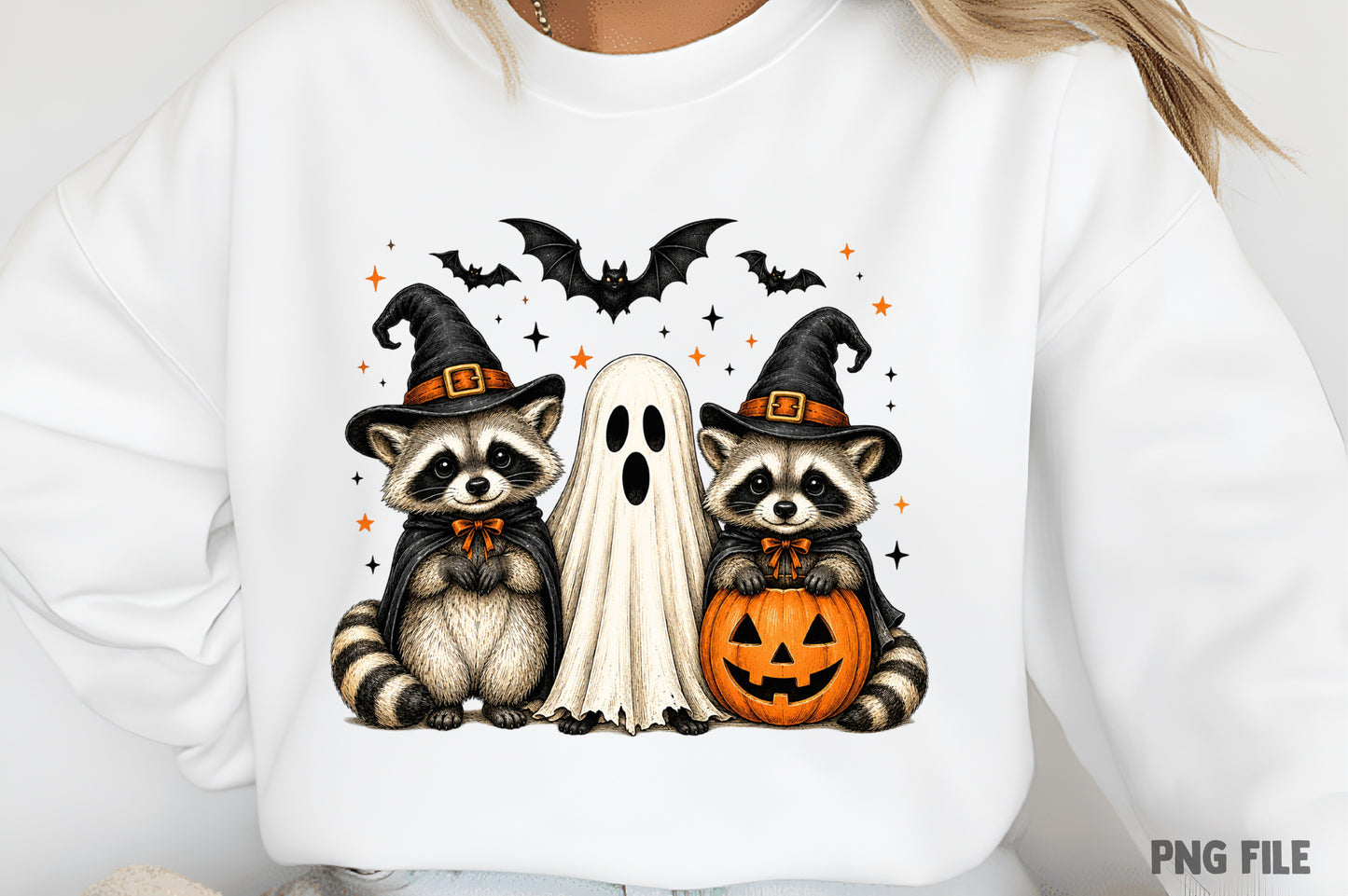 Halloween Raccoon PNG | Spooky Cute Raccoon Witch Ghost Clipart, Pumpkin & Bat Halloween Sublimation Design
