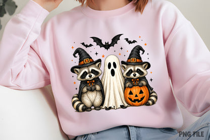 Halloween Raccoon PNG | Spooky Cute Raccoon Witch Ghost Clipart, Pumpkin & Bat Halloween Sublimation Design