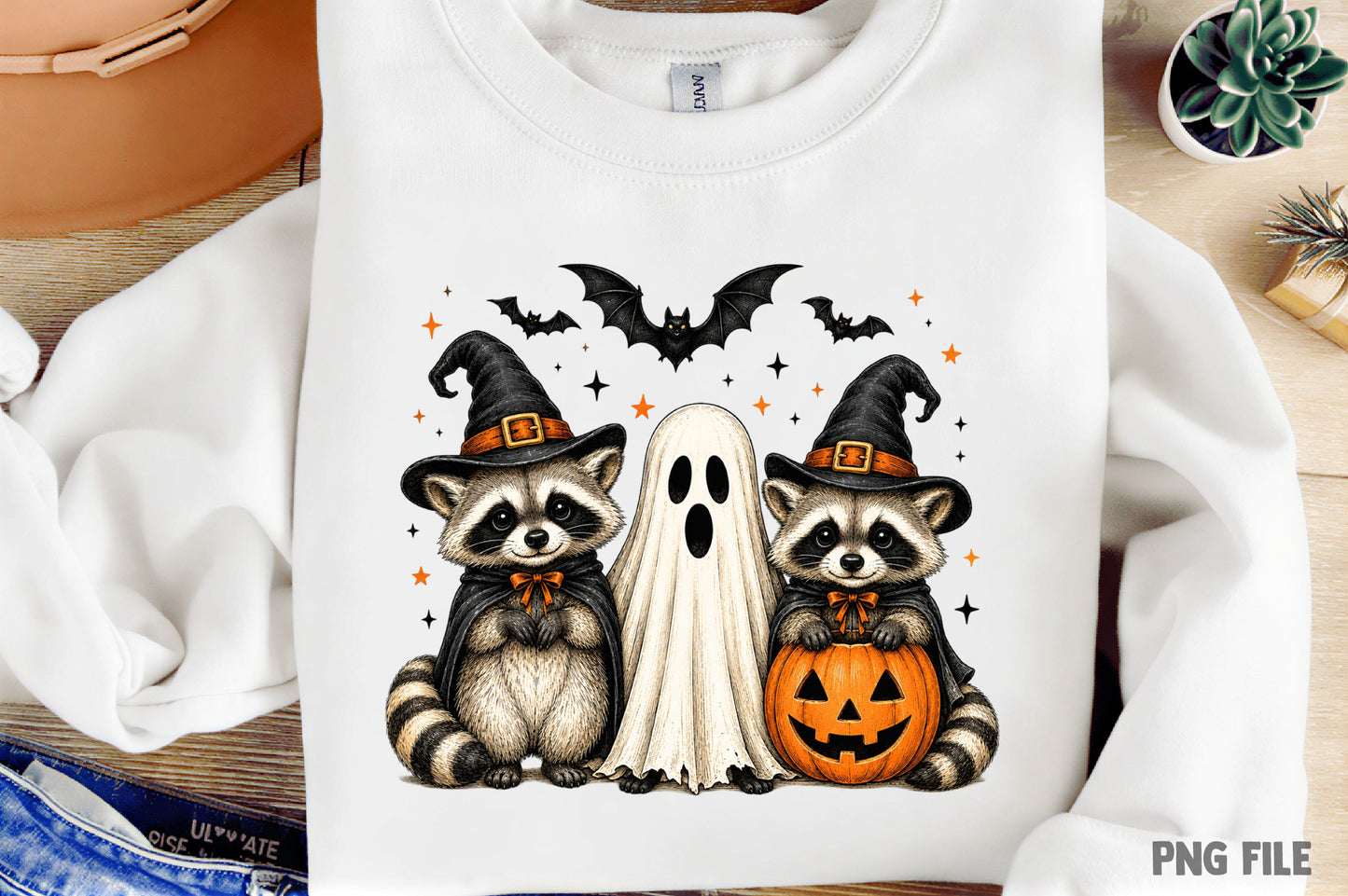 Halloween Raccoon PNG | Spooky Cute Raccoon Witch Ghost Clipart, Pumpkin & Bat Halloween Sublimation Design