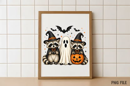 Halloween Raccoon PNG | Spooky Cute Raccoon Witch Ghost Clipart, Pumpkin & Bat Halloween Sublimation Design