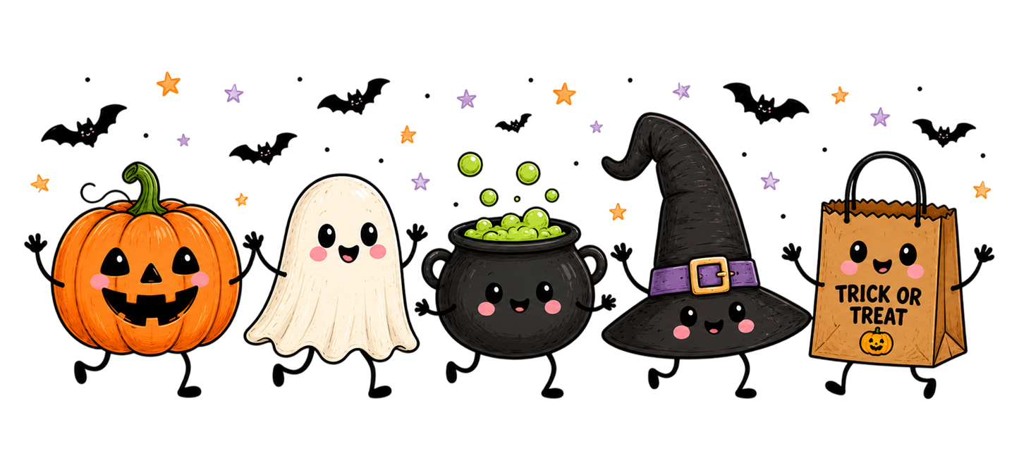 Halloween Spooky Doodles PNG | Cute Pumpkin Ghost Witch Cauldron Bat Trick or Treat Clipart | Kawaii Halloween Sublimation Design