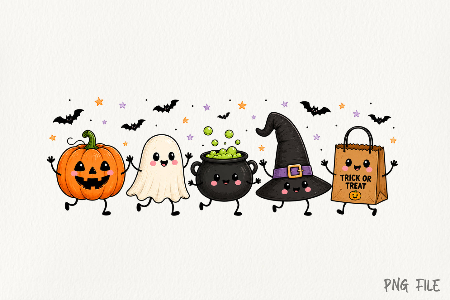 Halloween Spooky Doodles PNG | Cute Pumpkin Ghost Witch Cauldron Bat Trick or Treat Clipart | Kawaii Halloween Sublimation Design