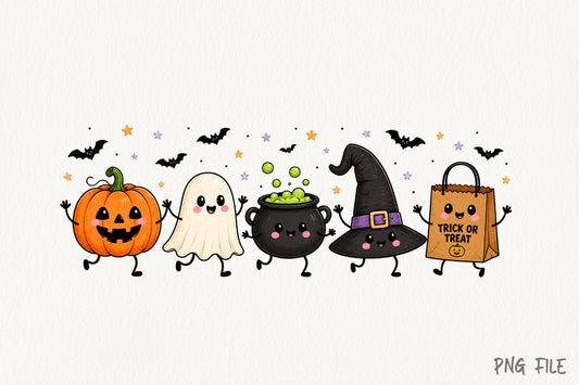 Halloween Spooky Doodles PNG | Cute Pumpkin Ghost Witch Cauldron Bat Trick or Treat Clipart | Kawaii Halloween Sublimation Design