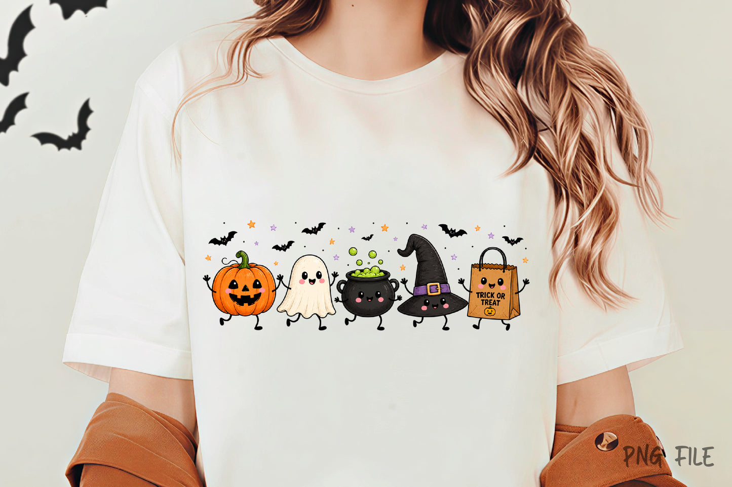 Halloween Spooky Doodles PNG | Cute Pumpkin Ghost Witch Cauldron Bat Trick or Treat Clipart | Kawaii Halloween Sublimation Design