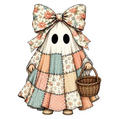 Halloween Spooky Ghost PNG | Floral Patchwork Ghost Girl with Bow Basket Clipart | Cute Vintage Halloween Sublimation Design