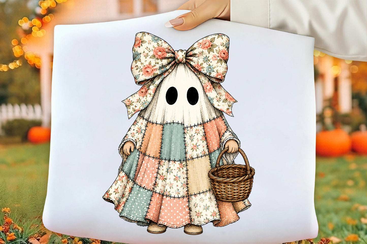 Halloween Spooky Ghost PNG | Floral Patchwork Ghost Girl with Bow Basket Clipart | Cute Vintage Halloween Sublimation Design