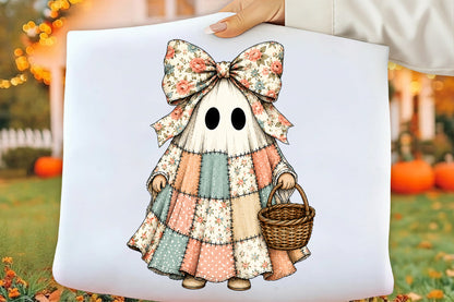 Halloween Spooky Ghost PNG | Floral Patchwork Ghost Girl with Bow Basket Clipart | Cute Vintage Halloween Sublimation Design