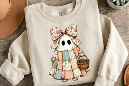 Halloween Spooky Ghost PNG | Floral Patchwork Ghost Girl with Bow Basket Clipart | Cute Vintage Halloween Sublimation Design