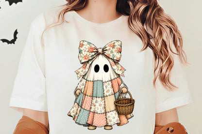 Halloween Spooky Ghost PNG | Floral Patchwork Ghost Girl with Bow Basket Clipart | Cute Vintage Halloween Sublimation Design