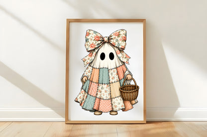 Halloween Spooky Ghost PNG | Floral Patchwork Ghost Girl with Bow Basket Clipart | Cute Vintage Halloween Sublimation Design