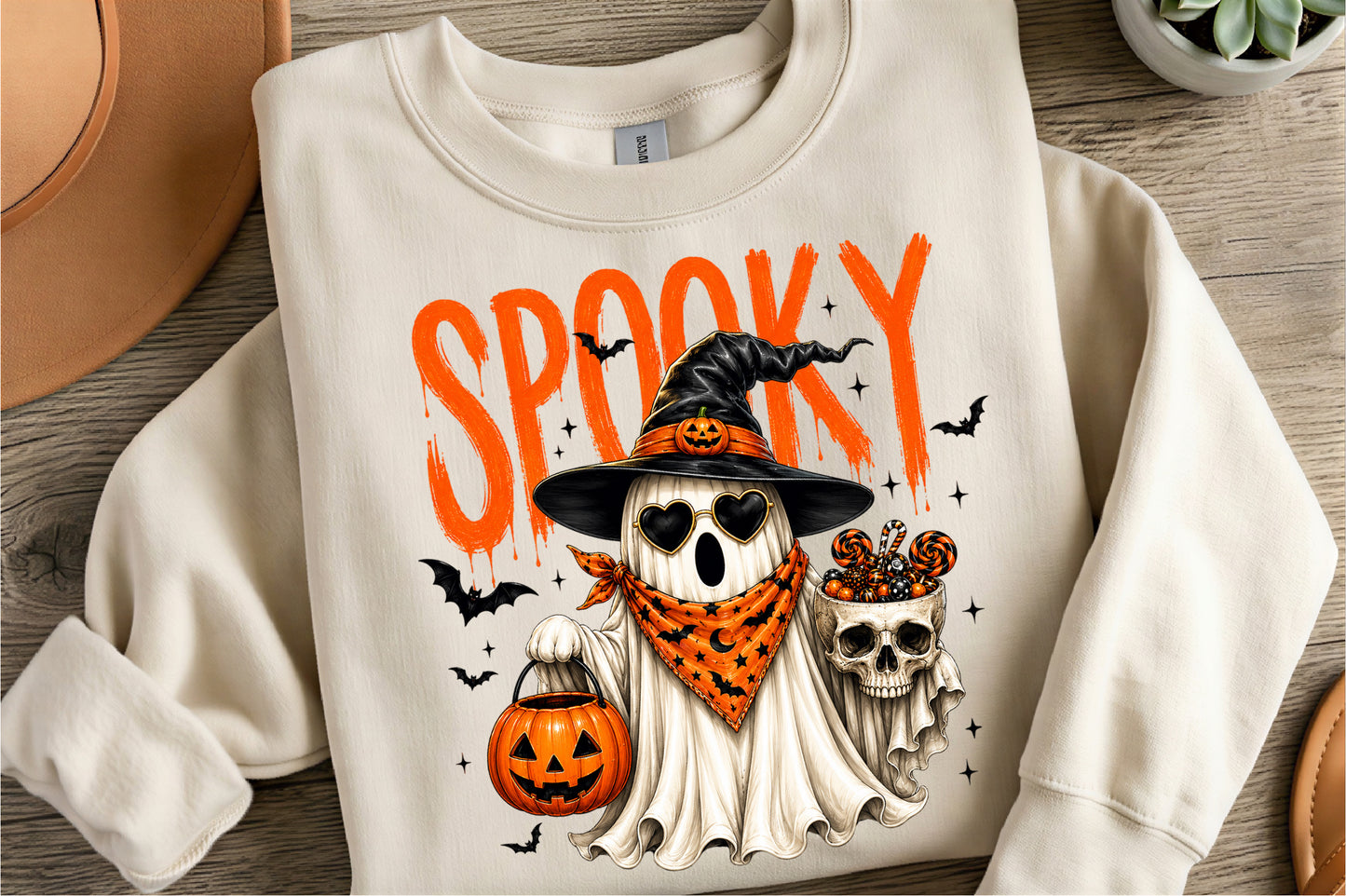 Spooky Halloween Ghost PNG | Witch Hat Ghost Pumpkin Candy Skull Cute Halloween Clipart | Sublimation Design