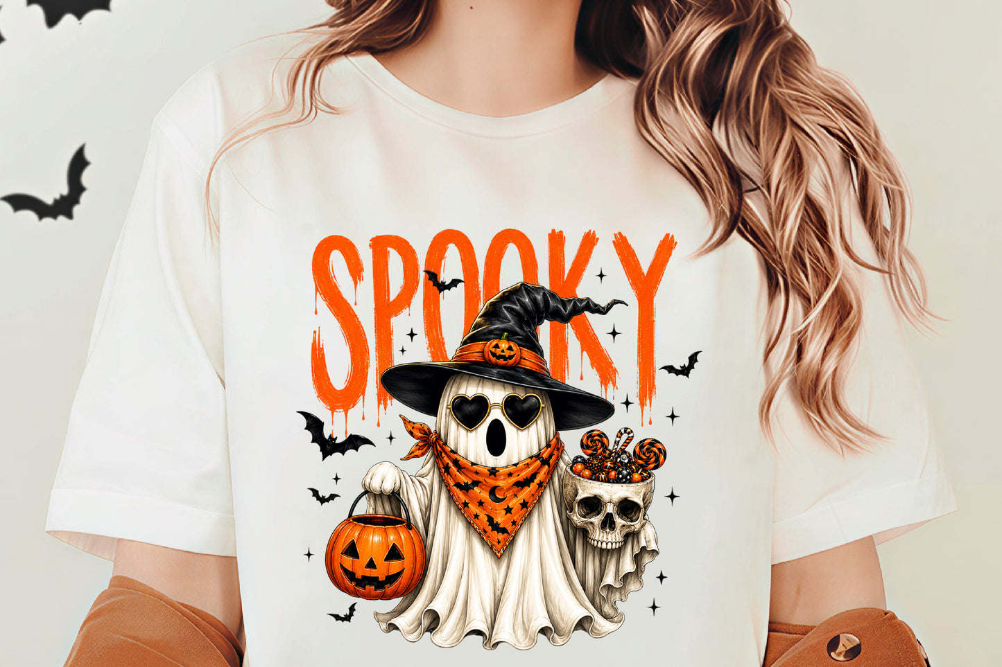 Spooky Halloween Ghost PNG | Witch Hat Ghost Pumpkin Candy Skull Cute Halloween Clipart | Sublimation Design
