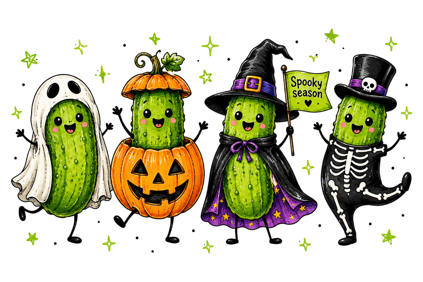 Halloween Spooky Pickle PNG | Cute Pickle Ghost Witch Skeleton Halloween Clipart | Funny Spooky Season Sublimation Design