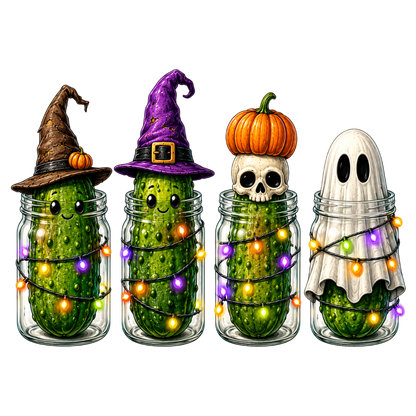 Halloween Spooky Pickles PNG | Cute Pickle Ghost Witch Hat Skeleton Pumpkin Mason Jar Halloween Sublimation Design