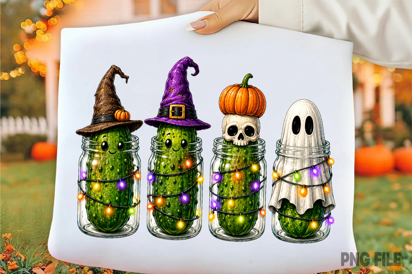 Halloween Spooky Pickles PNG | Cute Pickle Ghost Witch Hat Skeleton Pumpkin Mason Jar Halloween Sublimation Design