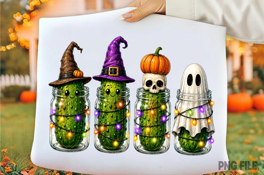 Halloween Spooky Pickles PNG | Cute Pickle Ghost Witch Hat Skeleton Pumpkin Mason Jar Halloween Sublimation Design