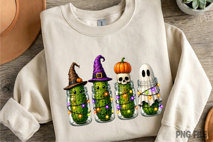 Halloween Spooky Pickles PNG | Cute Pickle Ghost Witch Hat Skeleton Pumpkin Mason Jar Halloween Sublimation Design