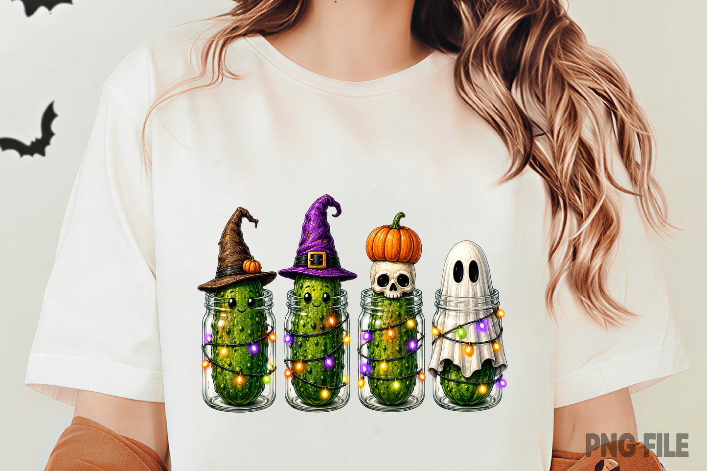 Halloween Spooky Pickles PNG | Cute Pickle Ghost Witch Hat Skeleton Pumpkin Mason Jar Halloween Sublimation Design