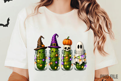 Halloween Spooky Pickles PNG | Cute Pickle Ghost Witch Hat Skeleton Pumpkin Mason Jar Halloween Sublimation Design