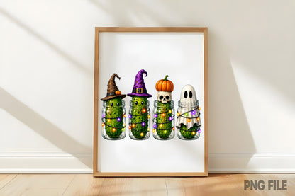 Halloween Spooky Pickles PNG | Cute Pickle Ghost Witch Hat Skeleton Pumpkin Mason Jar Halloween Sublimation Design