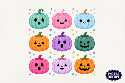 Cute Halloween Pumpkin PNG Bundle Colorful Kawaii Jack O Lantern Spooky Clipart
