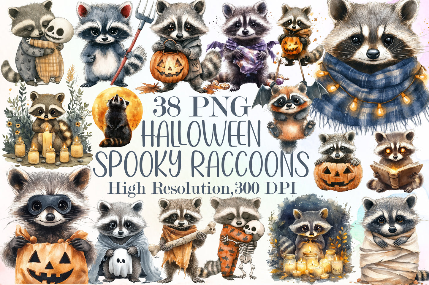 Halloween Spooky Raccoons Clipart Cute Watercolor PNG Bundle