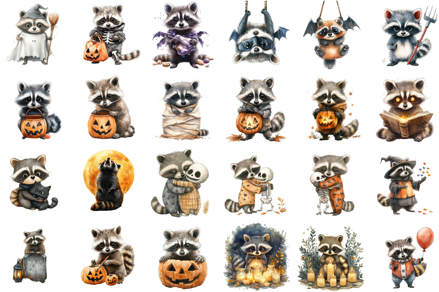 Halloween Spooky Raccoons Clipart Cute Watercolor PNG Bundle