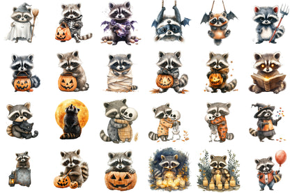 Halloween Spooky Raccoons Clipart Cute Watercolor PNG Bundle