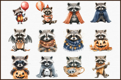 Halloween Spooky Raccoons Clipart Cute Watercolor PNG Bundle