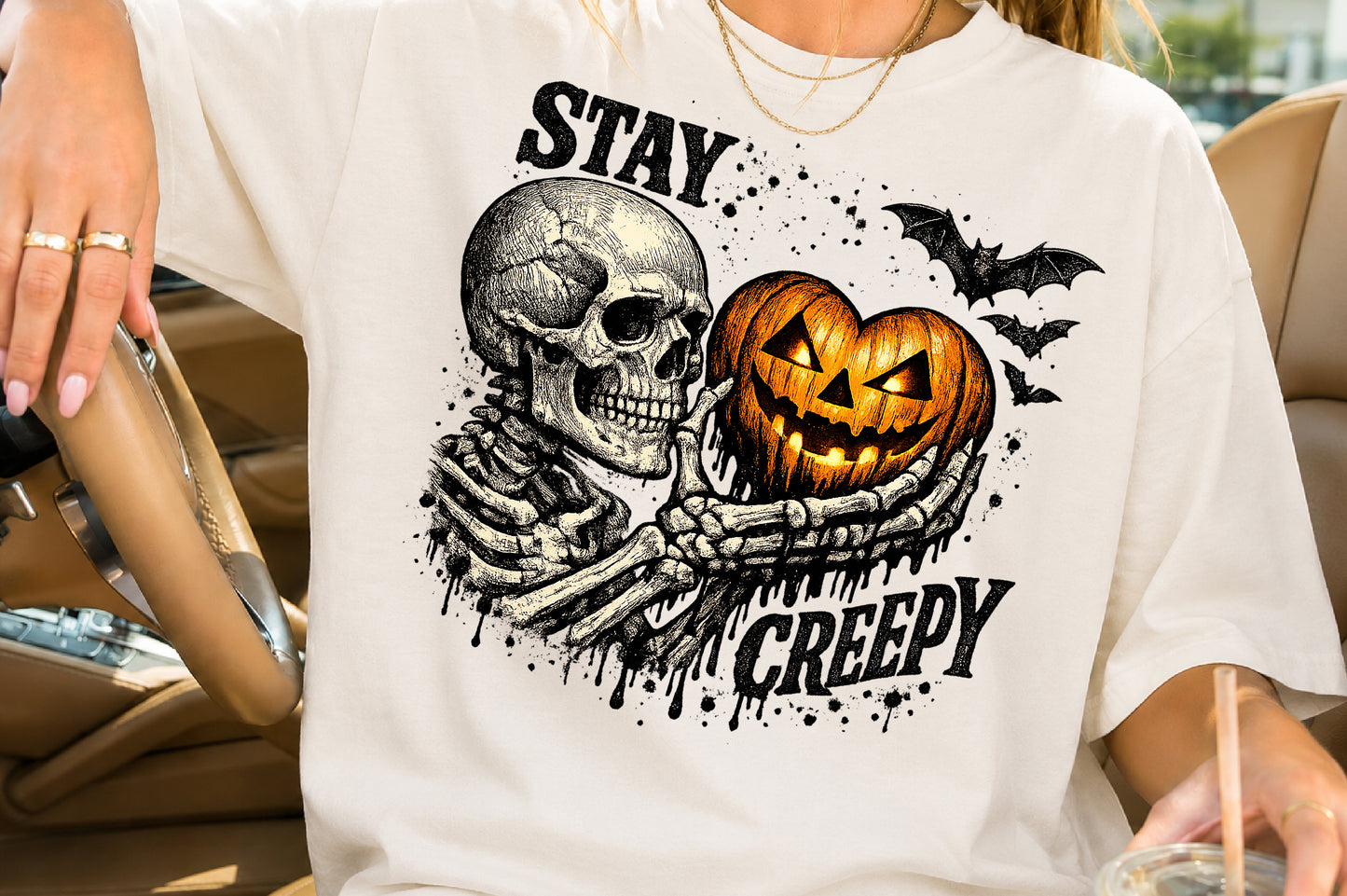 Halloween Stay Creepy Skeleton Pumpkin PNG Spooky Skull Sublimation Design