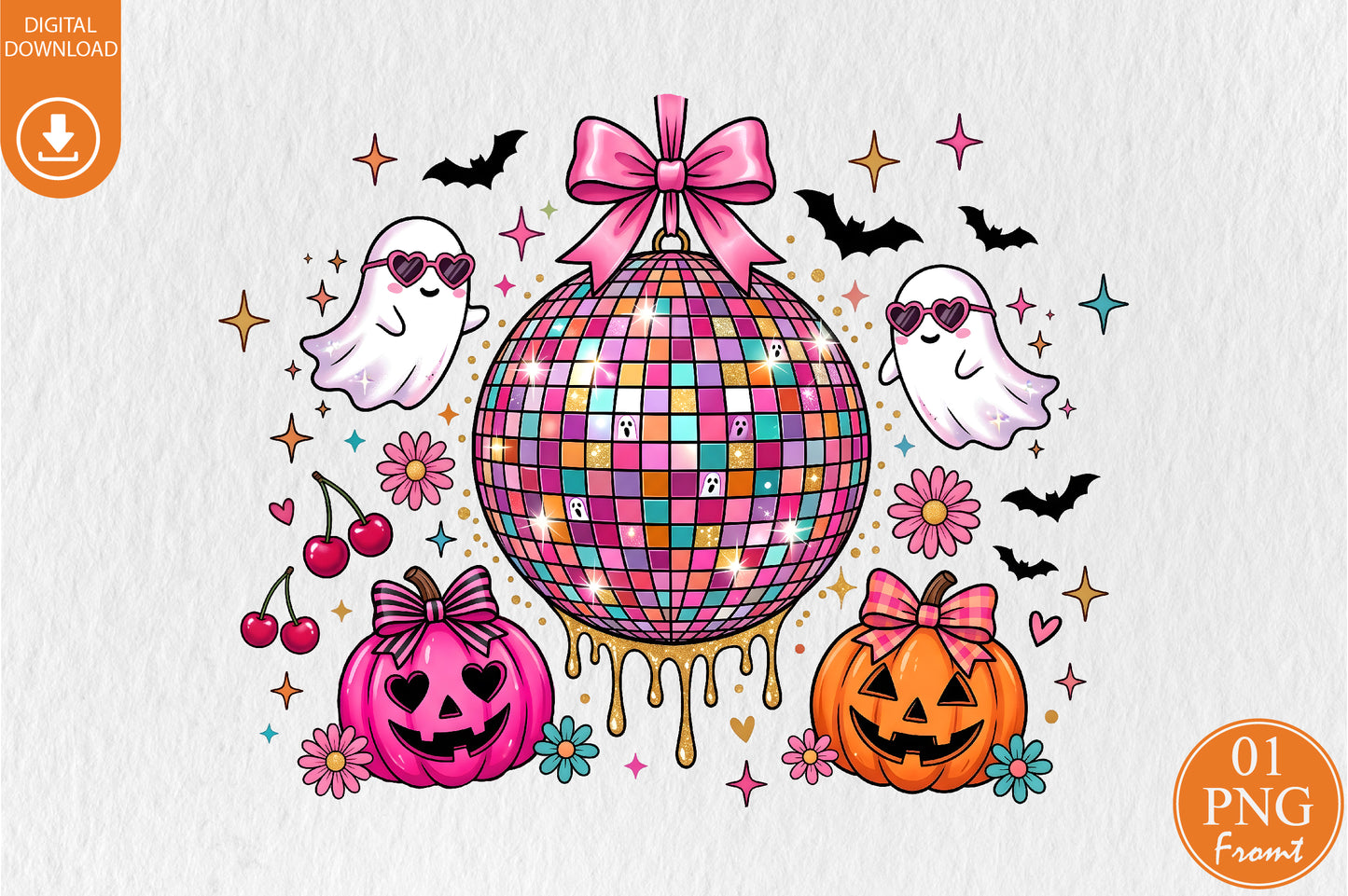 Halloween Disco Ball PNG Cute Ghost Pumpkin Pink Spooky Sublimation Design