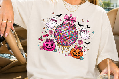 Halloween Disco Ball PNG Cute Ghost Pumpkin Pink Spooky Sublimation Design