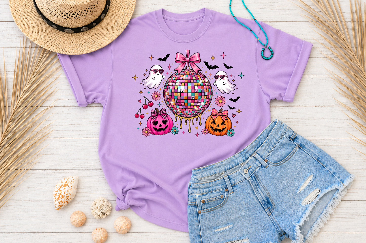 Halloween Disco Ball PNG Cute Ghost Pumpkin Pink Spooky Sublimation Design
