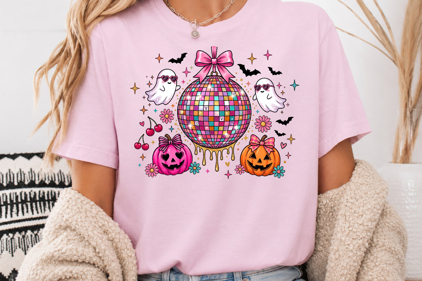 Halloween Disco Ball PNG Cute Ghost Pumpkin Pink Spooky Sublimation Design