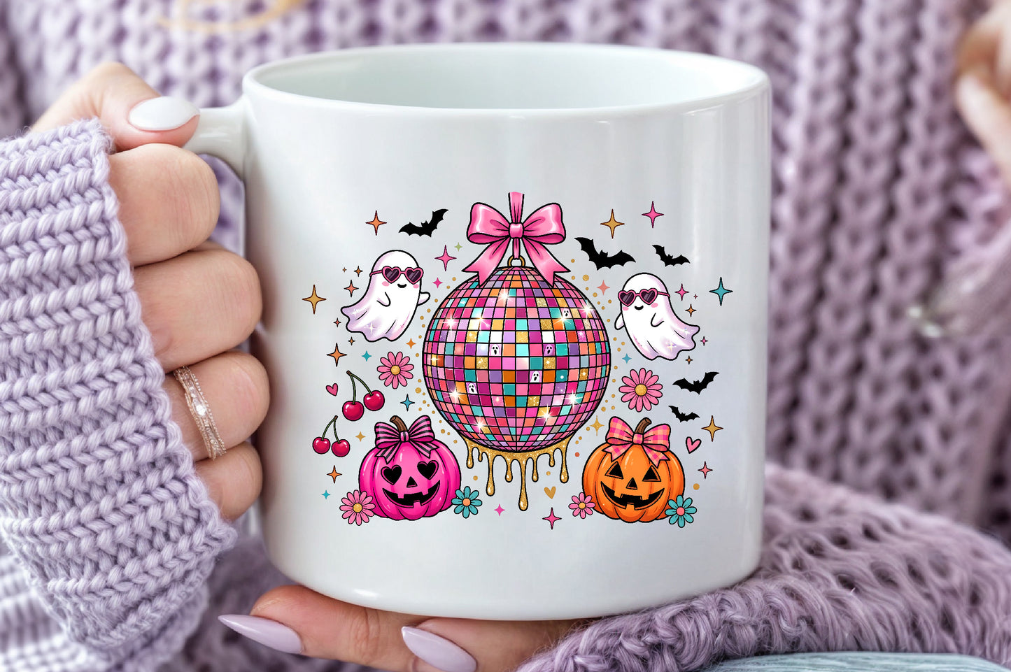 Halloween Disco Ball PNG Cute Ghost Pumpkin Pink Spooky Sublimation Design