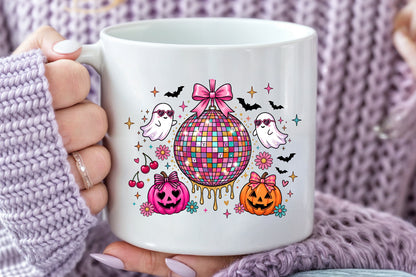 Halloween Disco Ball PNG Cute Ghost Pumpkin Pink Spooky Sublimation Design