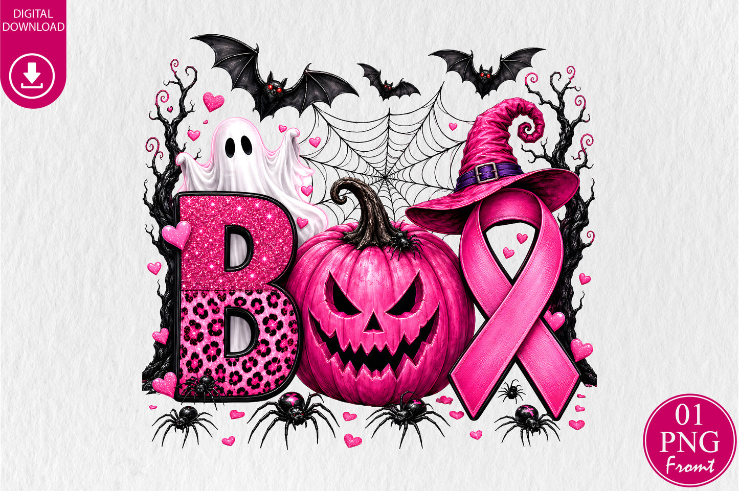Breast Cancer Awareness Halloween PNG Pink Pumpkin Ghost Ribbon Sublimation Design