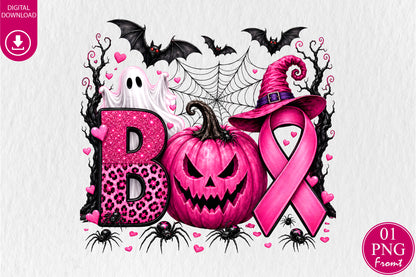 Breast Cancer Awareness Halloween PNG Pink Pumpkin Ghost Ribbon Sublimation Design