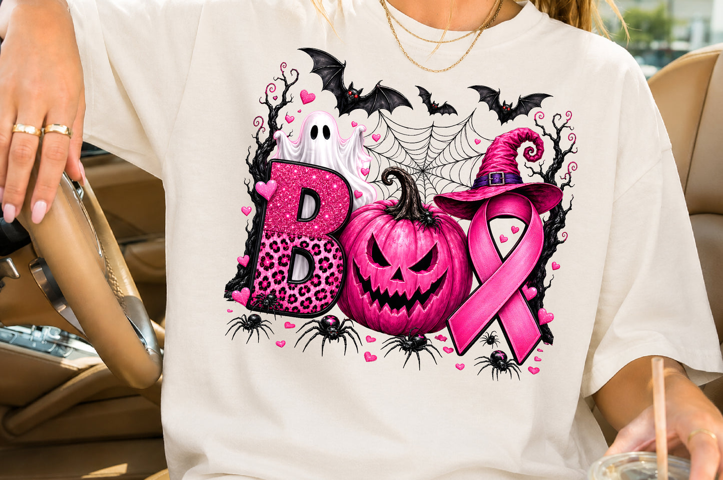 Breast Cancer Awareness Halloween PNG Pink Pumpkin Ghost Ribbon Sublimation Design