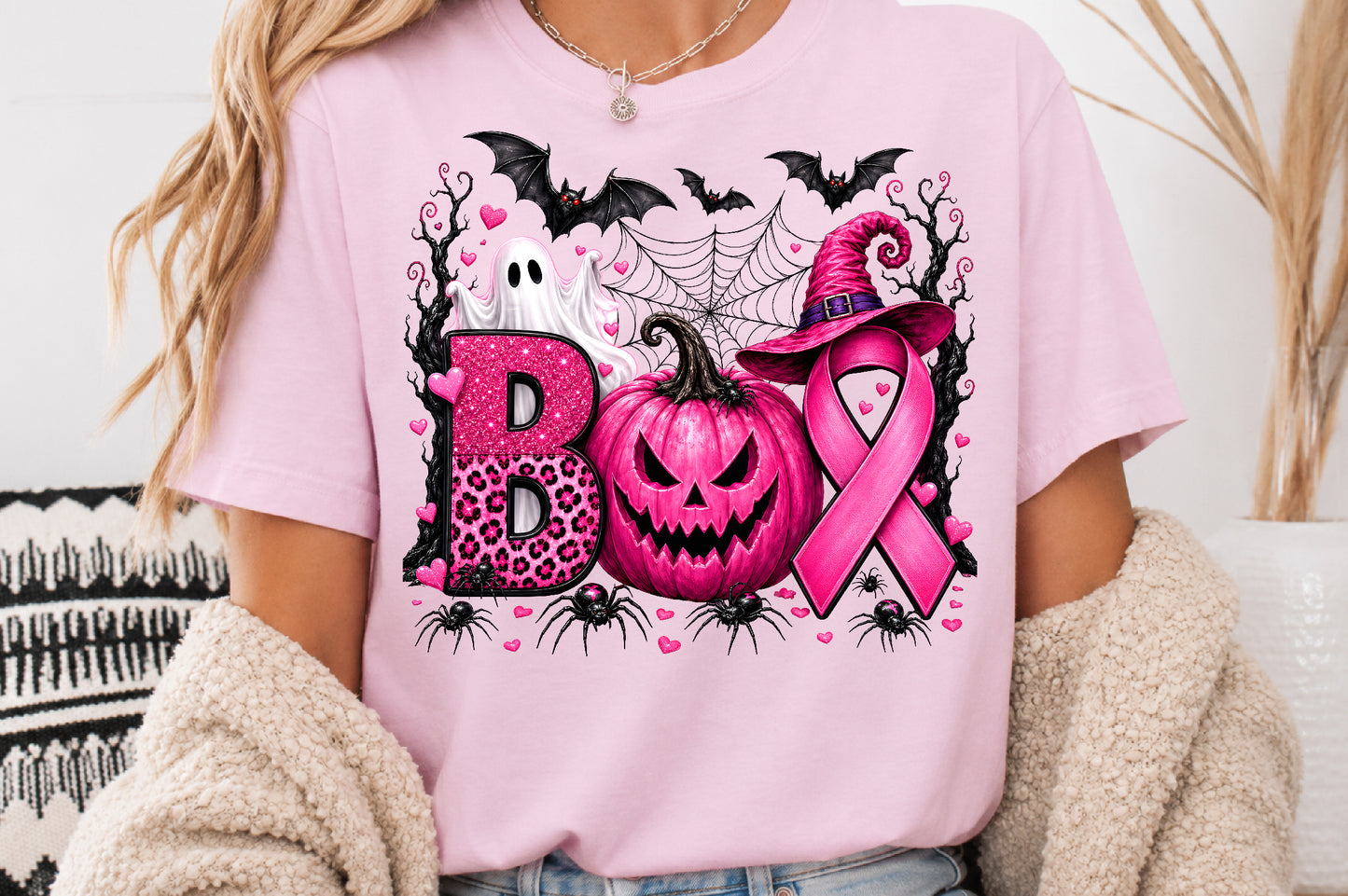 Breast Cancer Awareness Halloween PNG Pink Pumpkin Ghost Ribbon Sublimation Design