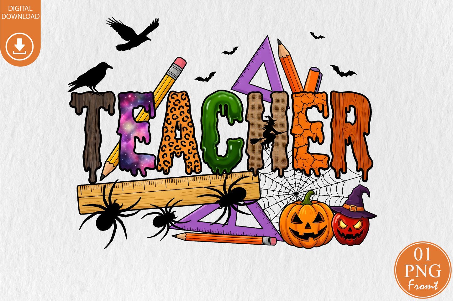 Halloween Teacher PNG Spooky School Supplies Teacher Sublimation Design