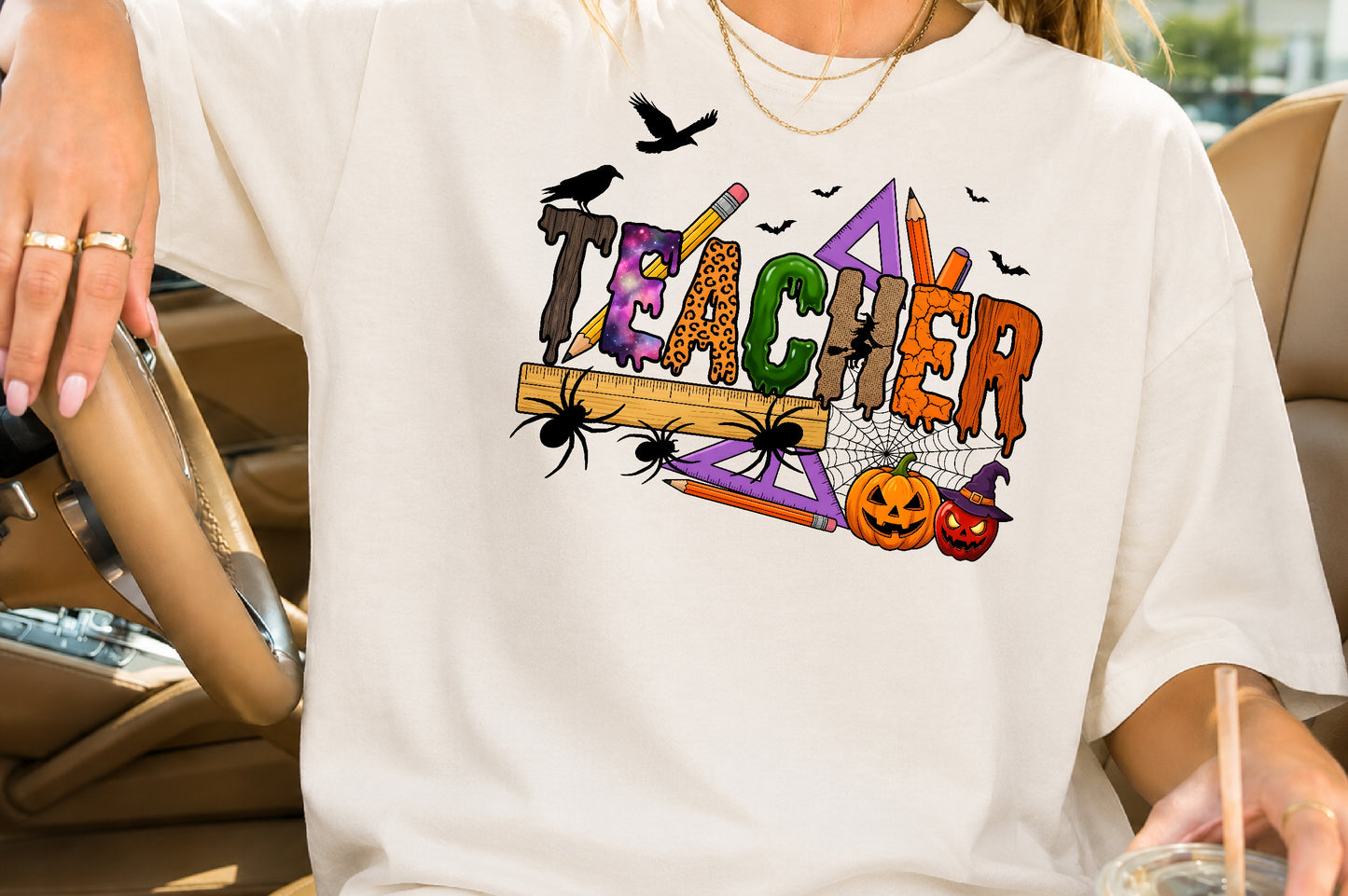 Halloween Teacher PNG Spooky School Supplies Teacher Sublimation Design