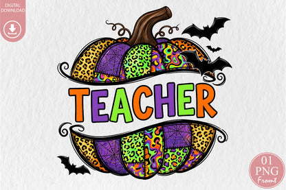 Halloween Teacher PNG Spooky Patterned Pumpkin Teacher Sublimation Design