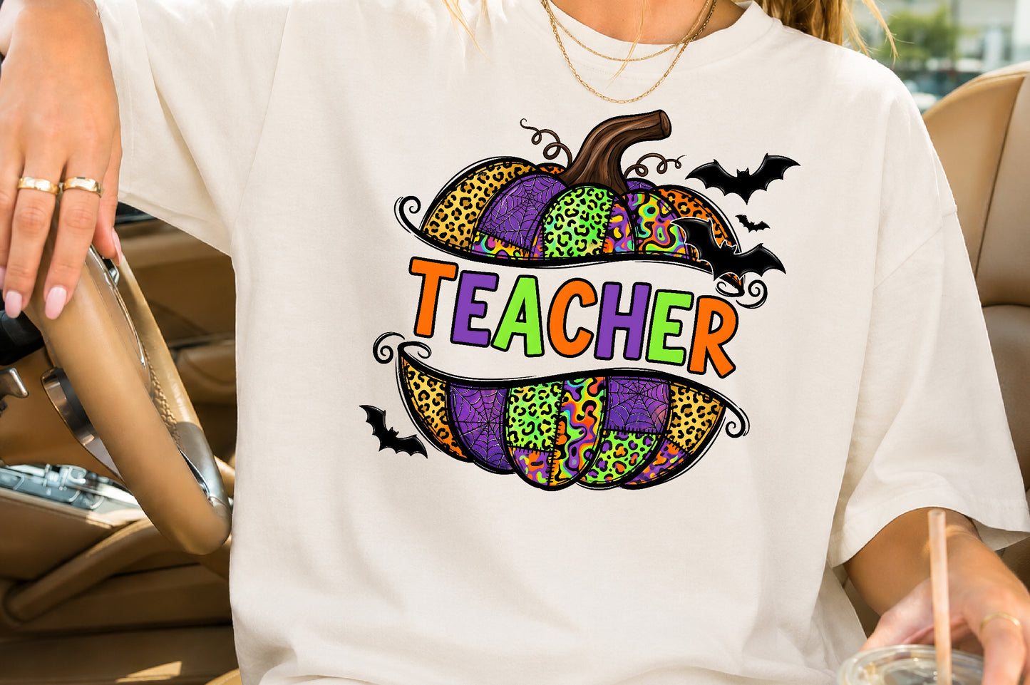 Halloween Teacher PNG Spooky Patterned Pumpkin Teacher Sublimation Design
