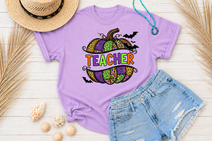 Halloween Teacher PNG Spooky Patterned Pumpkin Teacher Sublimation Design