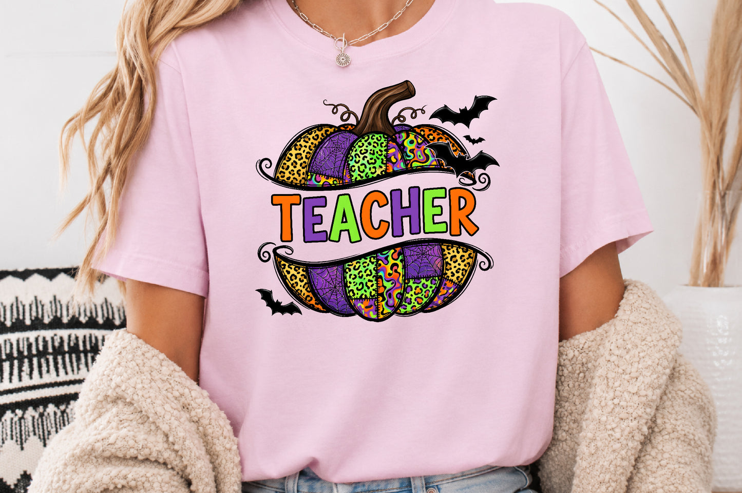 Halloween Teacher PNG Spooky Patterned Pumpkin Teacher Sublimation Design