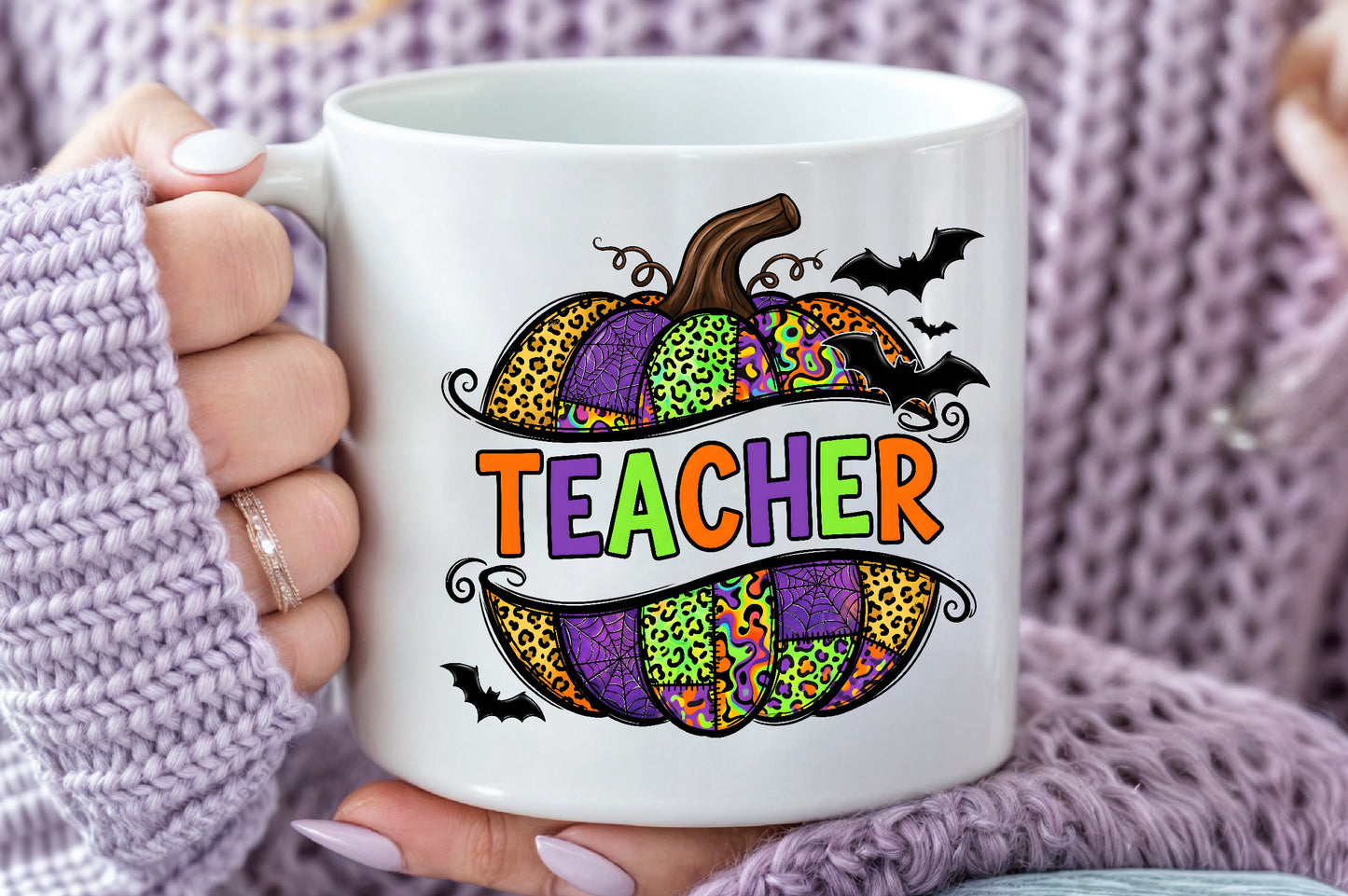 Halloween Teacher PNG Spooky Patterned Pumpkin Teacher Sublimation Design