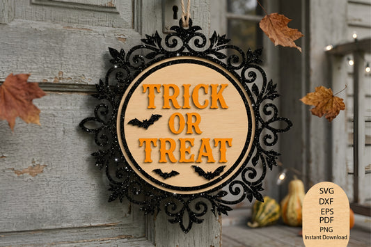 Halloween Trick Or Treat Laser Cut SVG, Halloween Sign Cut File, Trick Or Treat SVG, Spooky Door Decor Design