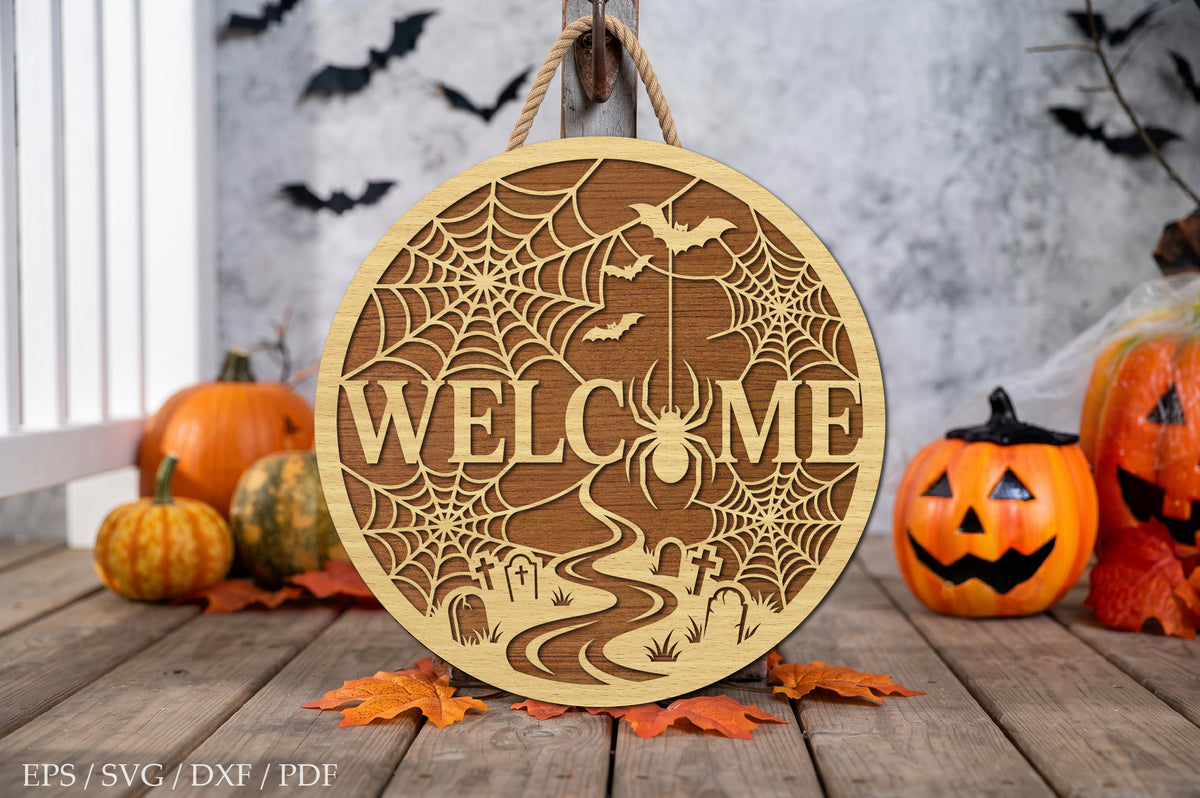 Halloween Welcome Spiderweb Round Door Hanger SVG