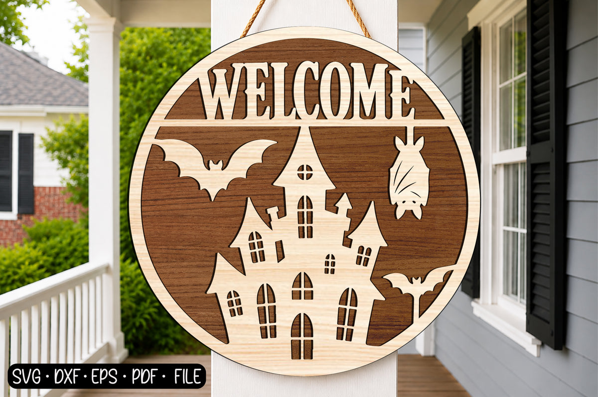 Halloween Welcome Round Sign SVG | Haunted Castle & Bat Laser Cut
